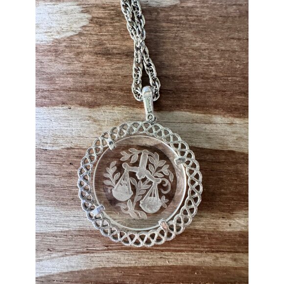 Vintage Crown Trifari Libra Zodiac Etched Glass Silver-Tone Pendant Necklace 20" - Picture 4 of 6